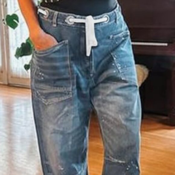 Cicy Bell Womens Baggy Barrel Horseshoe Wide Leg Drawstring Vintage Denim Jeans - Picture 2 of 16